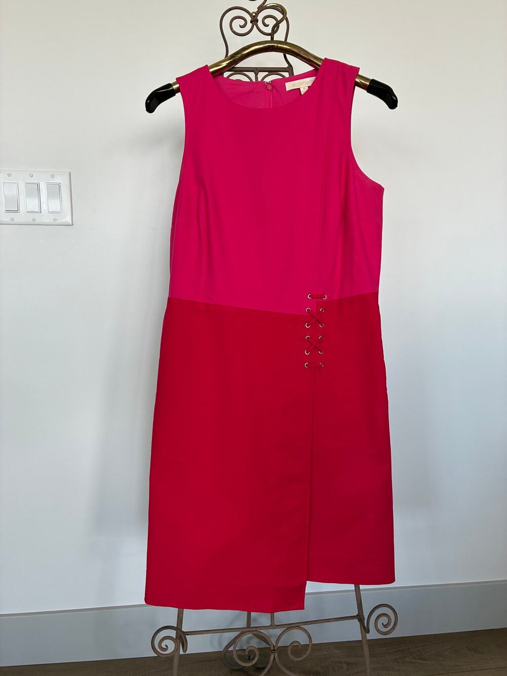 Etcetera Dress Sheath Luxury Colorblock Tulip Pink Red Lace Up Corset Detail 8